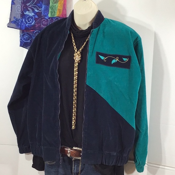 Vintage retro corduroy blue/green bomber jacket - Picture 7 of 11